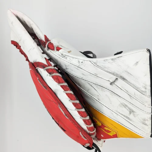 CCM Extreme Flex 5 - Used Pro Stock Full Right Goalie Glove (White/Red/Yellow) -Hockey Stick Market FRgloveBreak