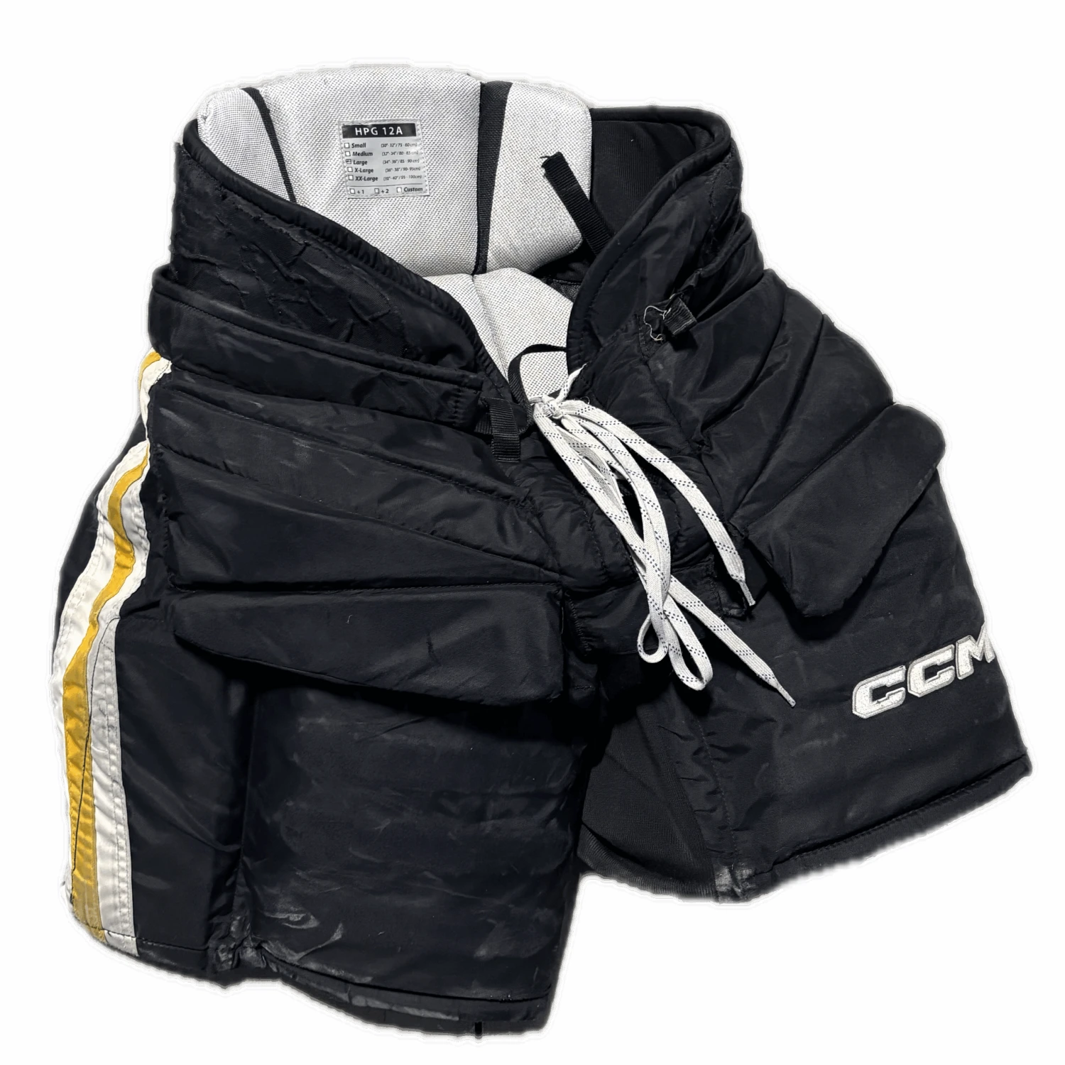 CCM HPG12A - Used Pro Stock Hockey Goalie Pants (Black/Yellow/White) 1 CCM HPG12A - Used Pro Stock Hockey Goalie Pants (Black/Yellow/White)