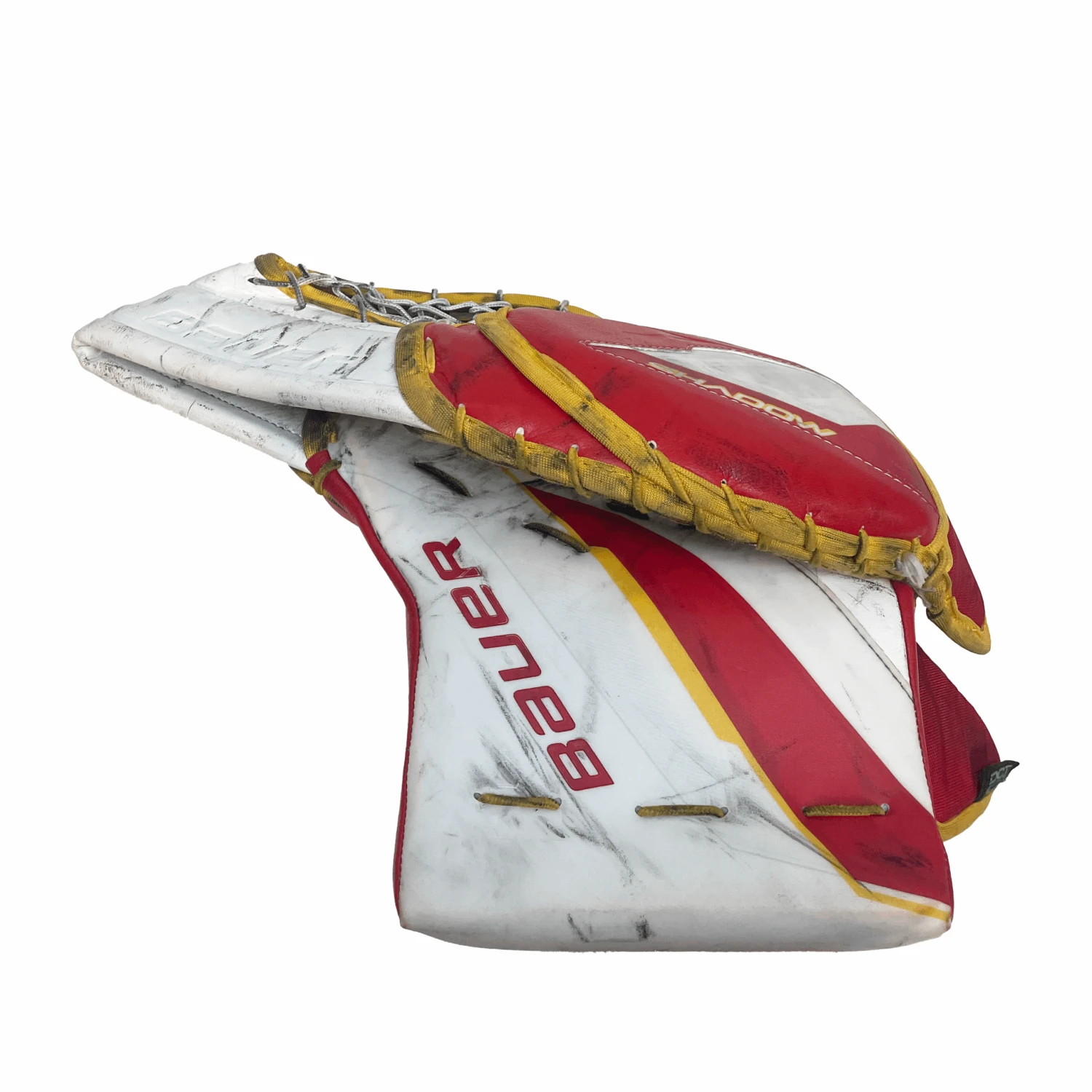 Bauer Supreme Shadow - Used Pro Stock Goalie Glove (White/Red/Yellow) 2 Bauer Supreme Shadow - Used Pro Stock Goalie Glove (White/Red/Yellow) - Image 2