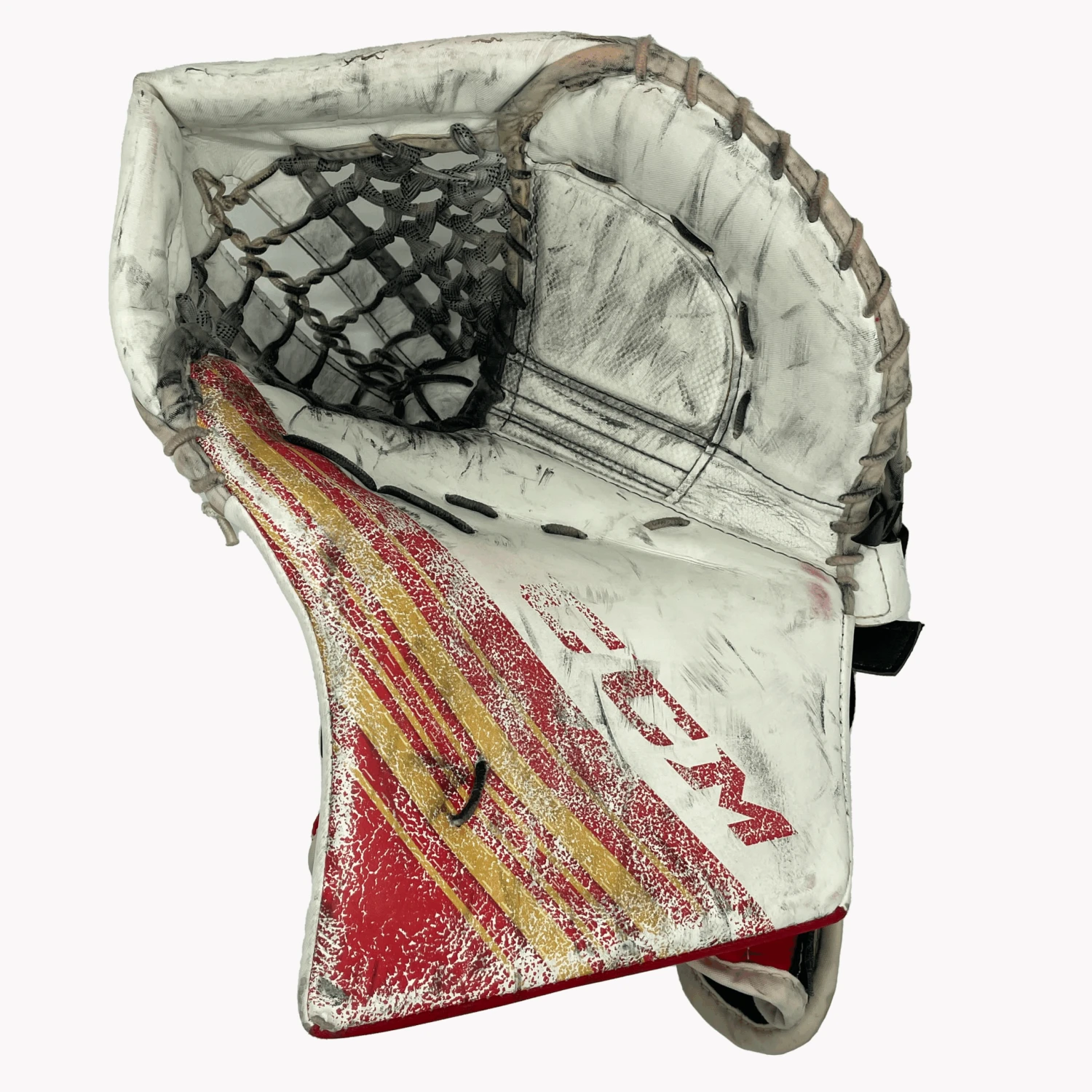 CCM Extreme Flex 5 - Used Pro Stock Goalie Glove (White/Red/Yellow) 1 CCM Extreme Flex 5 - Used Pro Stock Goalie Glove (White/Red/Yellow)