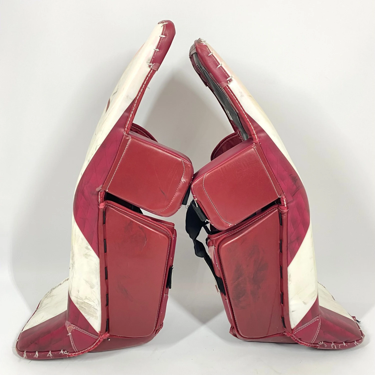 Bauer Vapor Hyperlite - Used Pro Stock Senior Goalie Pads (Maroon/White) 2 Bauer Vapor Hyperlite - Used Pro Stock Senior Goalie Pads (Maroon/White) - Image 2