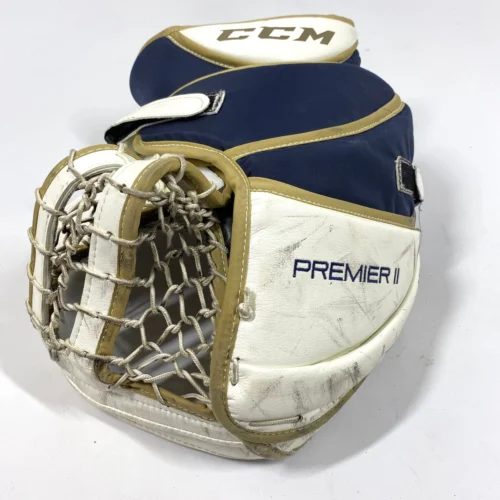 CCM Premier II - Used Pro Stock Goalie Glove (White/Gold/Navy) -Hockey Stick Market Photo2023 06 15 33436PM scaled
