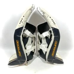 Bauer Supreme Mach - Used OHL Pro Stock Goalie Pads (White/Black/Yellow) -Hockey Stick Market Photo2024 02 09 103017AM