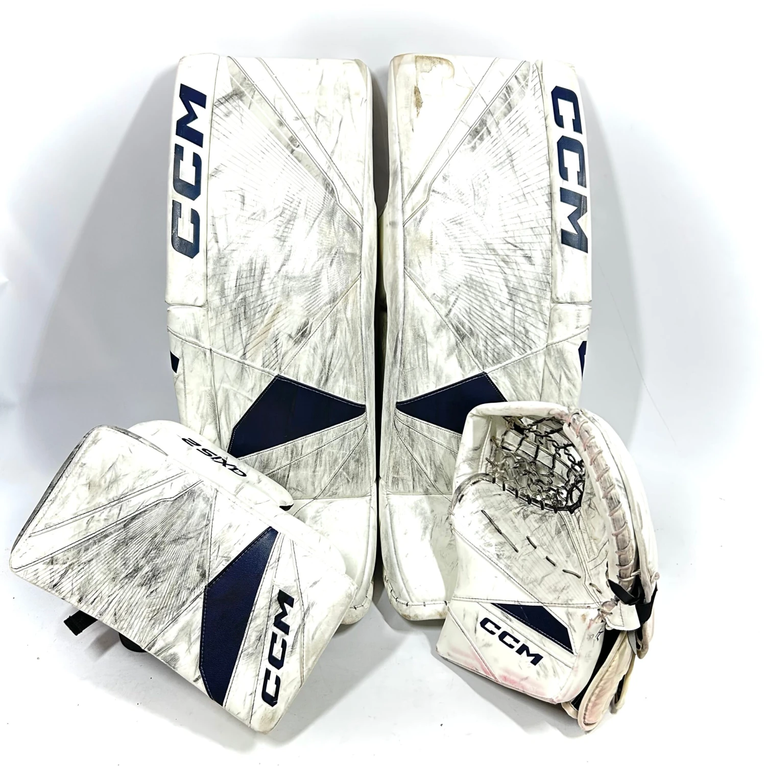 CCM Axis 2 - Used AHL Pro Stock Senior Goalie Full Set (White/Navy) 1 CCM Axis 2 - Used AHL Pro Stock Senior Goalie Full Set (White/Navy)