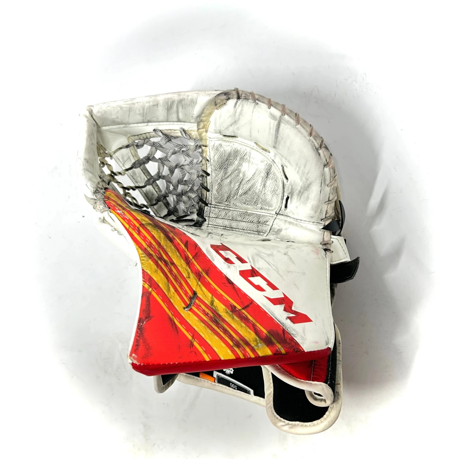 CCM Extreme Flex 5 - Used CHL Pro Stock Goalie Glove (White/Red/Yellow) - V2 1 CCM Extreme Flex 5 - Used CHL Pro Stock Goalie Glove (White/Red/Yellow) - V2