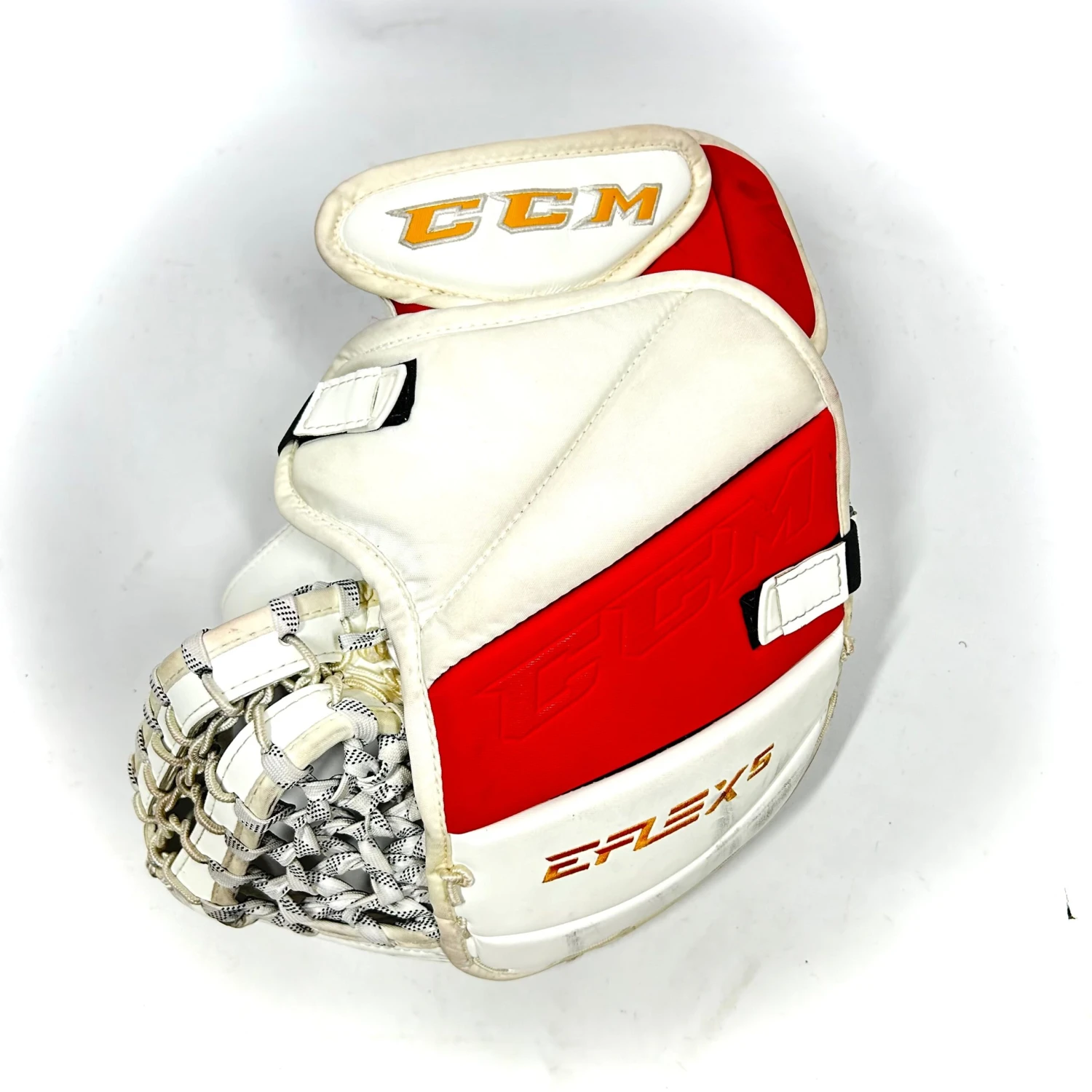 CCM Extreme Flex 5 - Used CHL Pro Stock Goalie Glove (White/Red/Yellow) - V2 2 CCM Extreme Flex 5 - Used CHL Pro Stock Goalie Glove (White/Red/Yellow) - V2 - Image 2