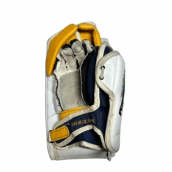 Vaughn Velocity VE8 Pro Carbon - Used Pro Stock Goalie Blocker (White/Yellow/Blue) -Hockey Stick Market Photo 2025 02 25 12 08 13 PM removebg preview