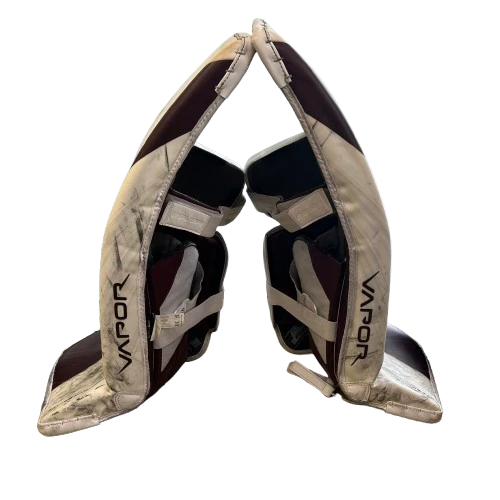 Bauer Vapor Hyperlite 2 - Used Pro Stock Goalie Pads (White/Maroon) 4 Bauer Vapor Hyperlite 2 - Used Pro Stock Goalie Pads (White/Maroon) - Image 4