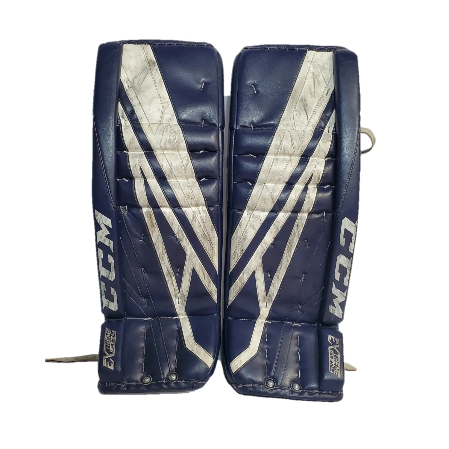 CCM Extreme Flex IV - Used Pro Stock Goalie Pads - (Navy/White) 1 CCM Extreme Flex IV - Used Pro Stock Goalie Pads - (Navy/White)