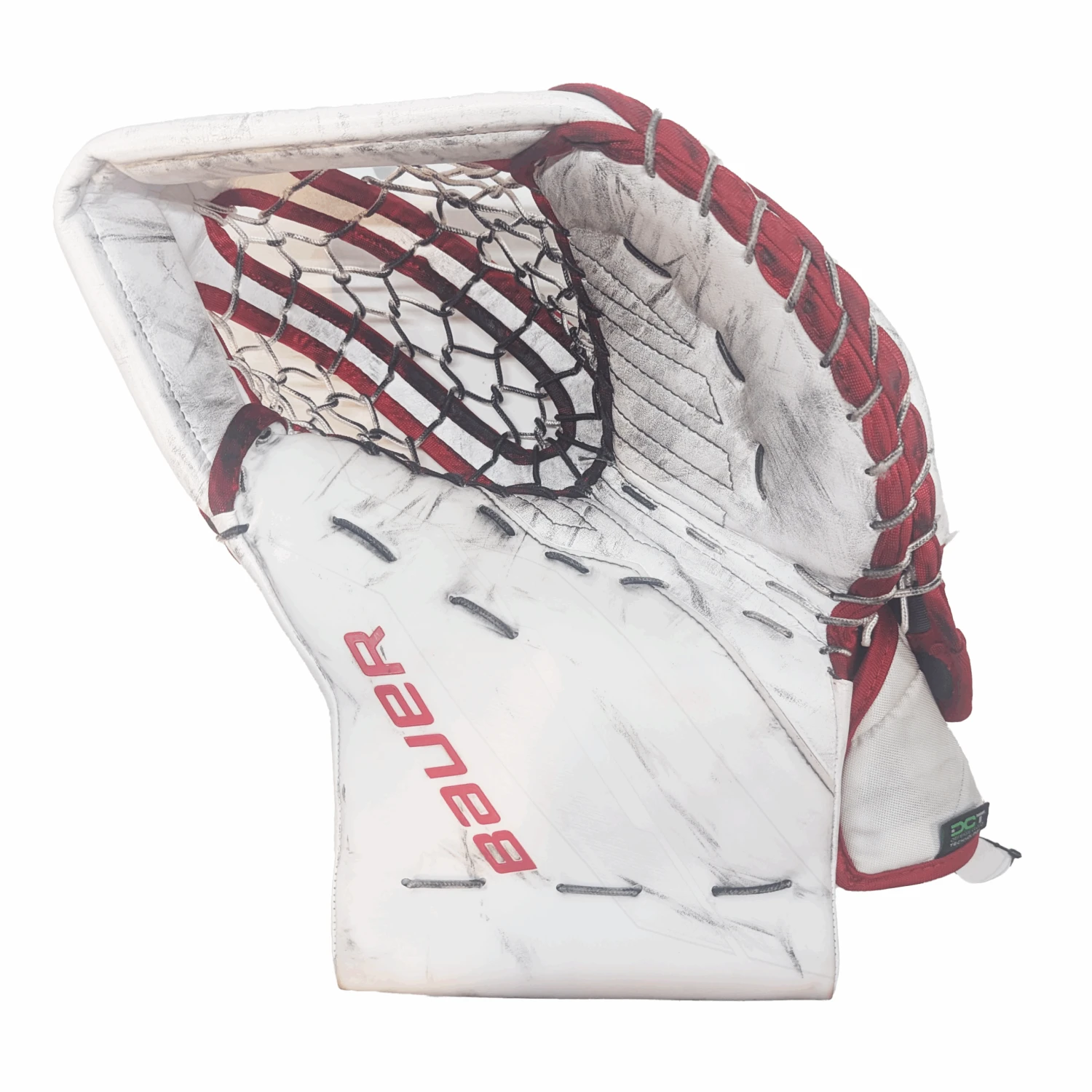 Bauer Supreme Shadow - NCAA Used Pro Stock Goalie Glove (White/Red) 1 Bauer Supreme Shadow - NCAA Used Pro Stock Goalie Glove (White/Red)