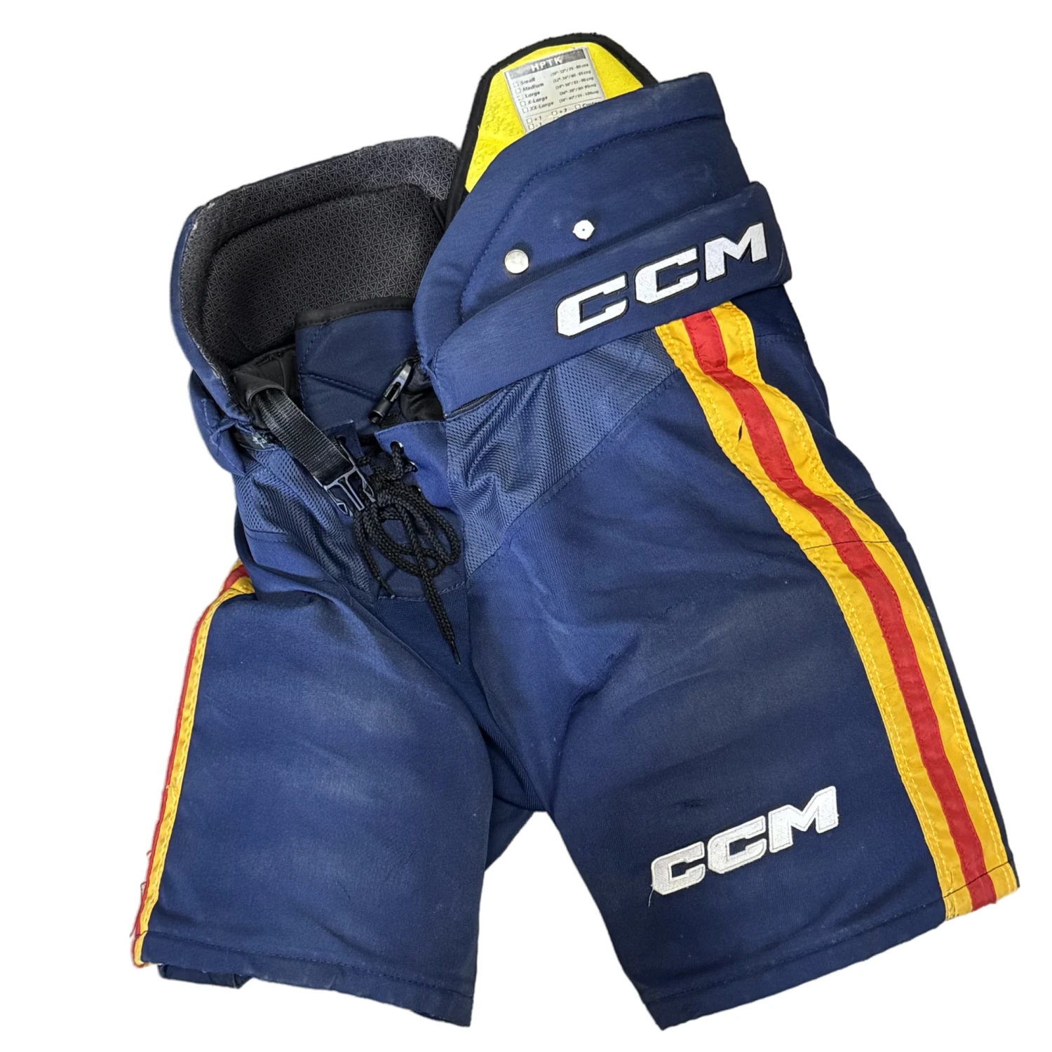 CCM HPTK - Used Pro Stock Hockey Pants (Navy/Yellow/Red) 1 CCM HPTK - Used Pro Stock Hockey Pants (Navy/Yellow/Red)
