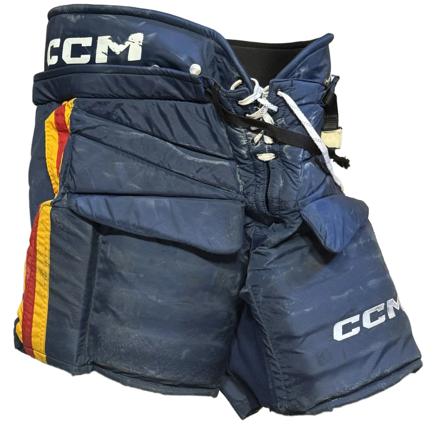 CCM HPG12A - Used Pro Stock Hockey Goalie Pants (Navy/Yellow/Red) 1 CCM HPG12A - Used Pro Stock Hockey Goalie Pants (Navy/Yellow/Red)
