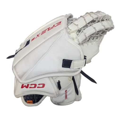 CCM Extreme Flex 6 - Used AHL Pro Stock Goalie Glove (White/Yellow/Red) -Hockey Stick Market prac1