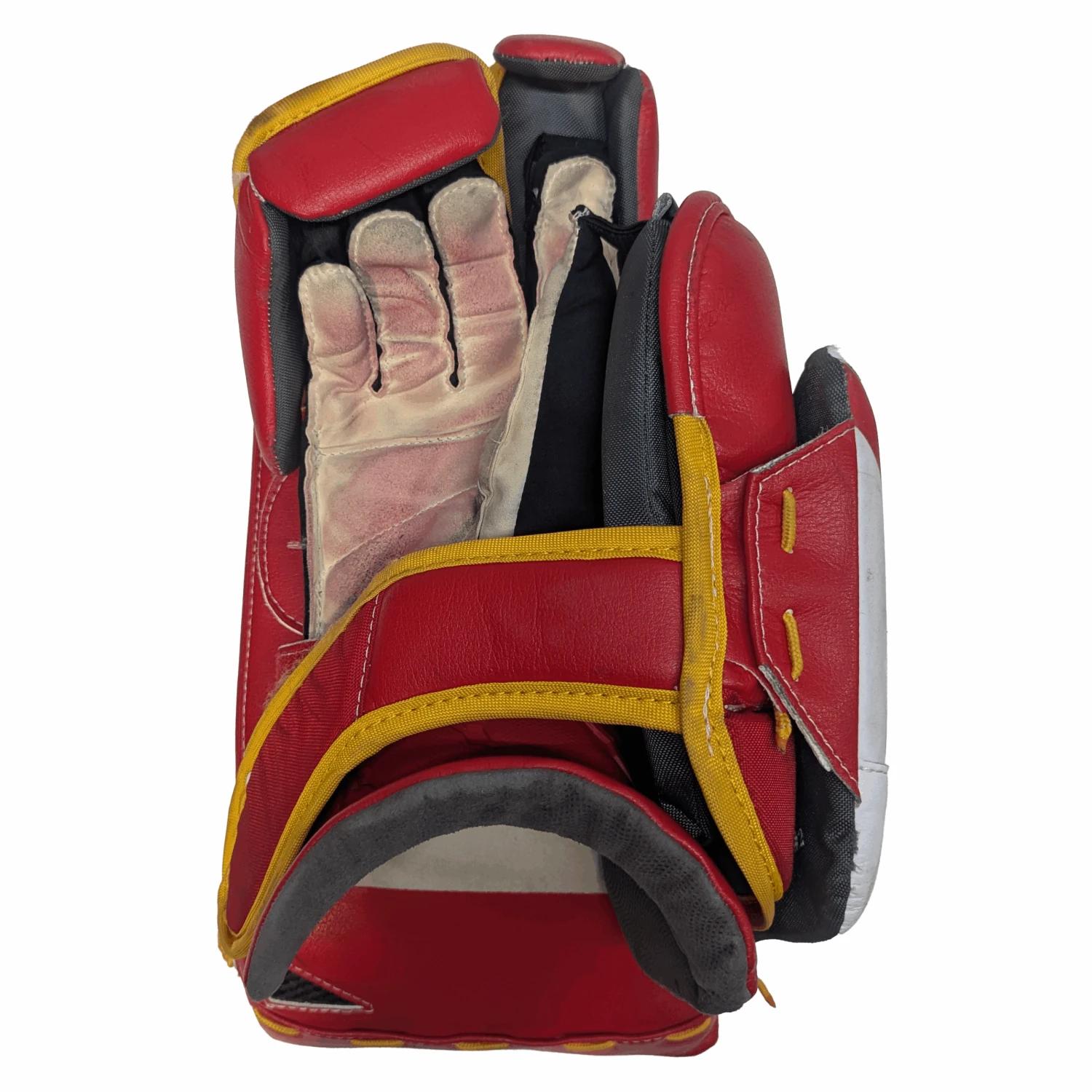 Bauer Supreme Shadow - AHL Used Pro Stock Goalie Blocker (White/Red/Yellow) 2 Bauer Supreme Shadow - AHL Used Pro Stock Goalie Blocker (White/Red/Yellow) - Image 2